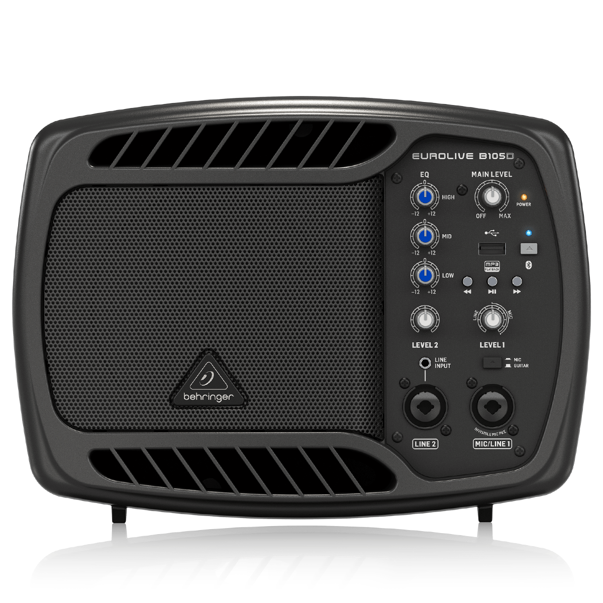 سماعة Behringer B105D صغيرة الحجم بقدرة 50 واط، تعمل كمكبر صوت/مراقبة مع مشغل MP3 مدمج وتقنية بلوتوث، توفر صوتًا قويًا بتصميم محمول مثالي للعروض والبروفات والعروض التقديمية.